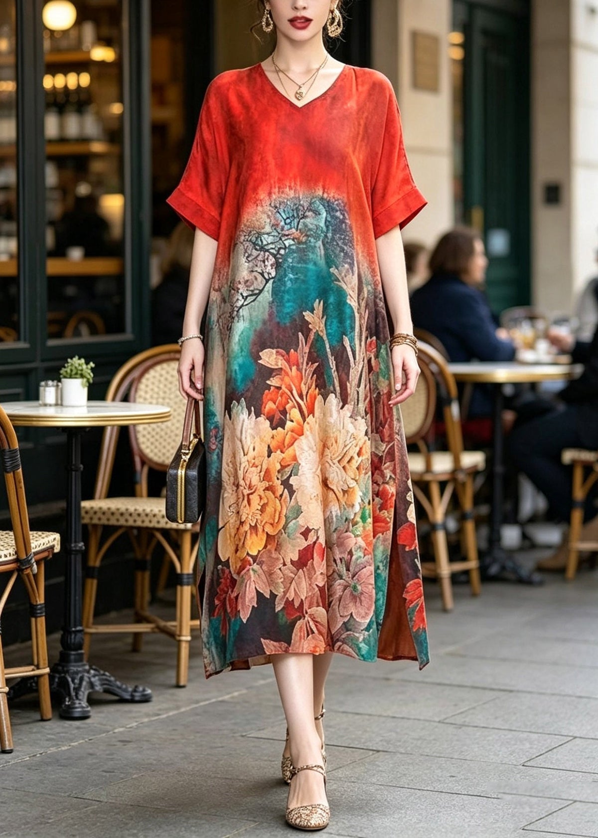 Floral Print V-Neck Short Sleeve Side Slit Relaxed Fit Midi Dress
