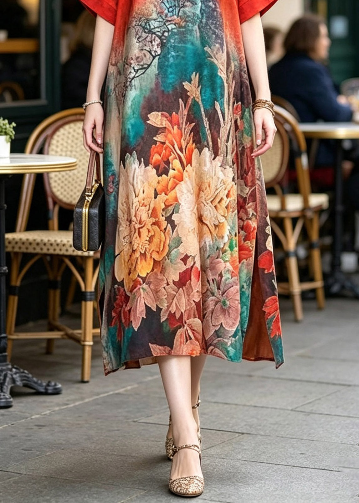 Floral Print V-Neck Short Sleeve Side Slit Relaxed Fit Midi Dress - View 4