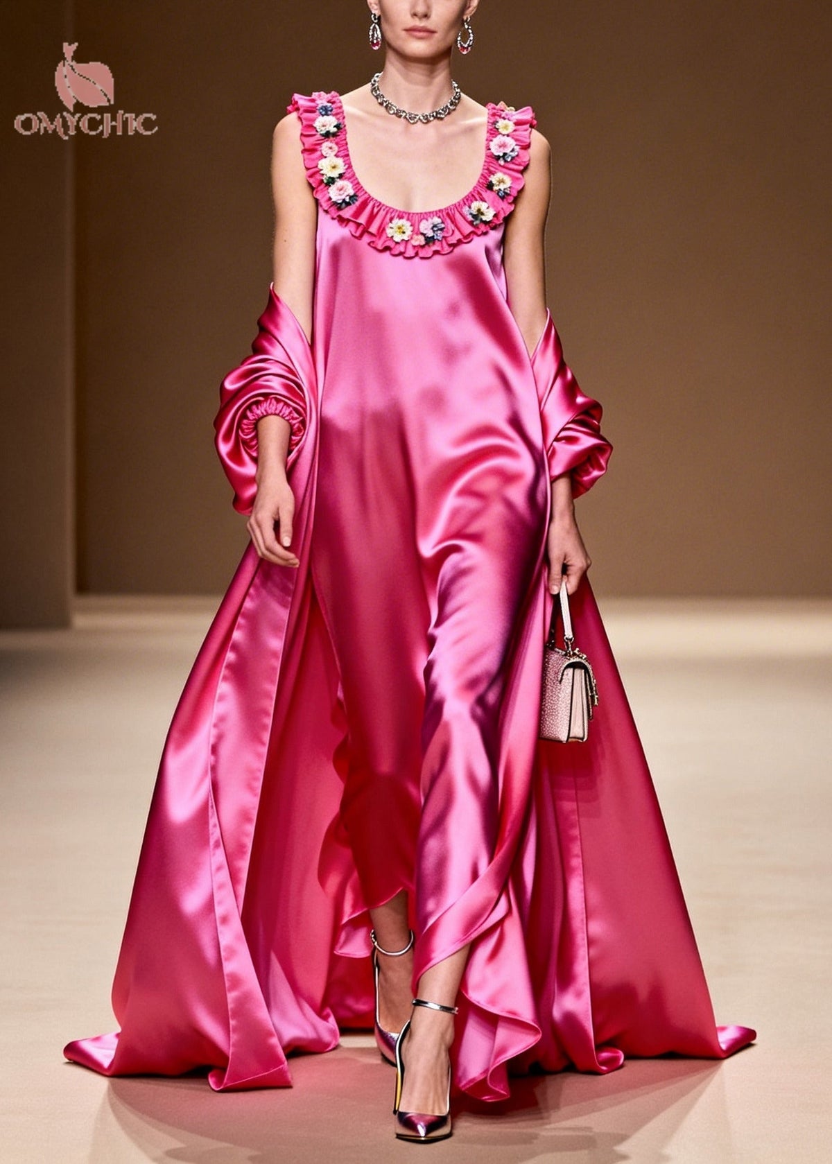 Satin Ruffle Neck Floral Applique Gown and Open Coat Two Piece Set - View 3
