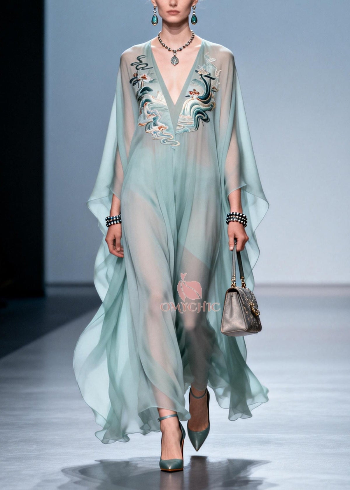 Plus Size Sky Blue Print Draping Chiffon Maxi Dress Batwing Sleeve - View 3