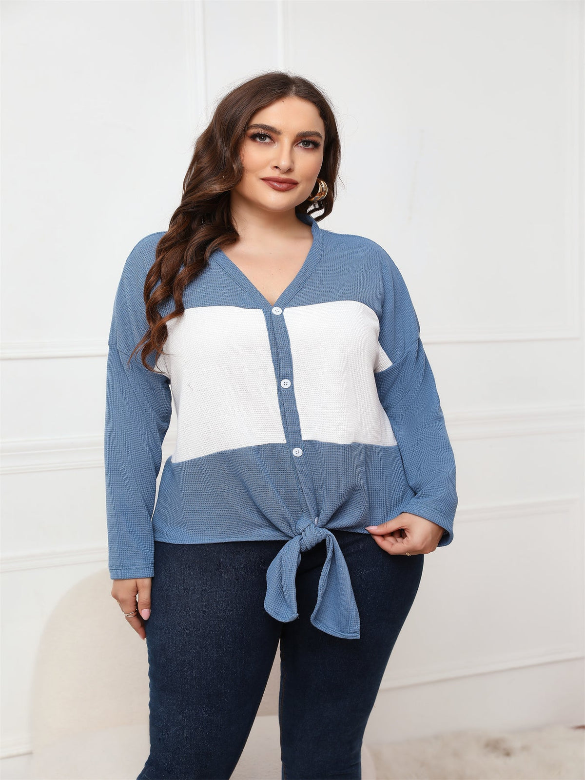 KittenAlarm - Plus Size Tops Long Sleeve V Neck Waffle Knit Tunic Blouse Tie Front Button Up T Shirts