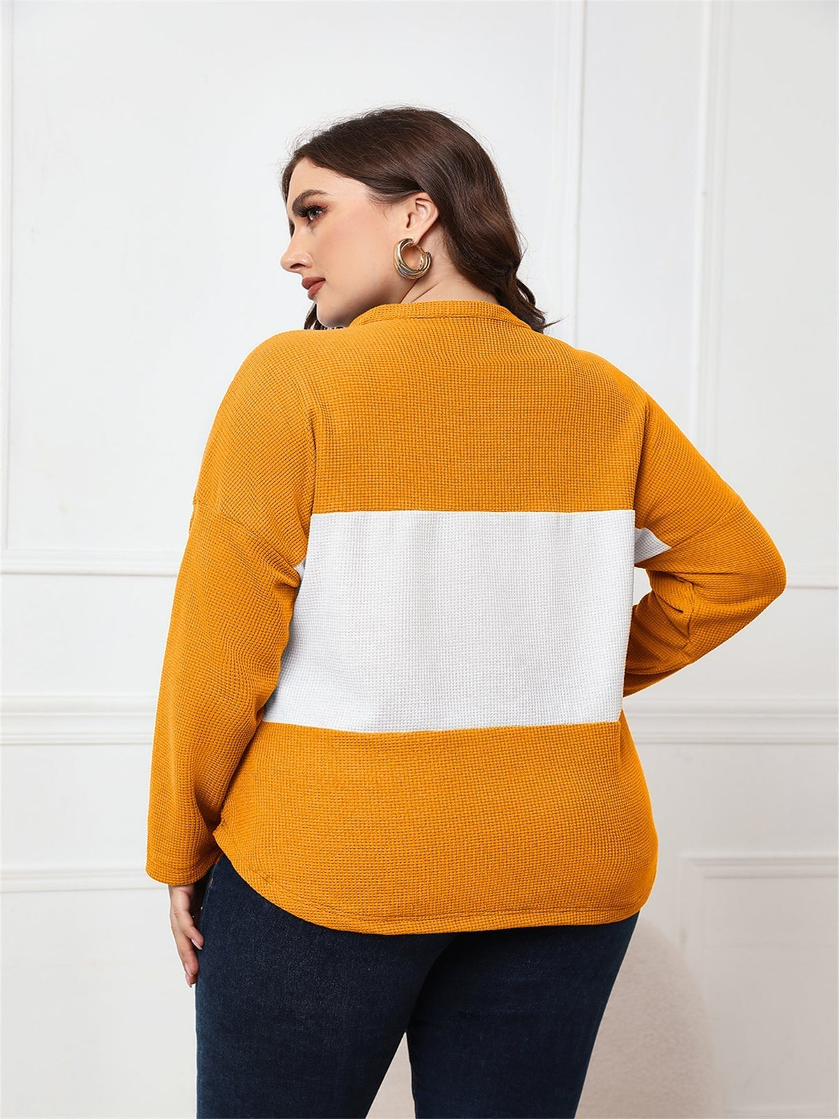 KittenAlarm - Plus Size Tops Long Sleeve V Neck Waffle Knit Tunic Blouse Tie Front Button Up T Shirts