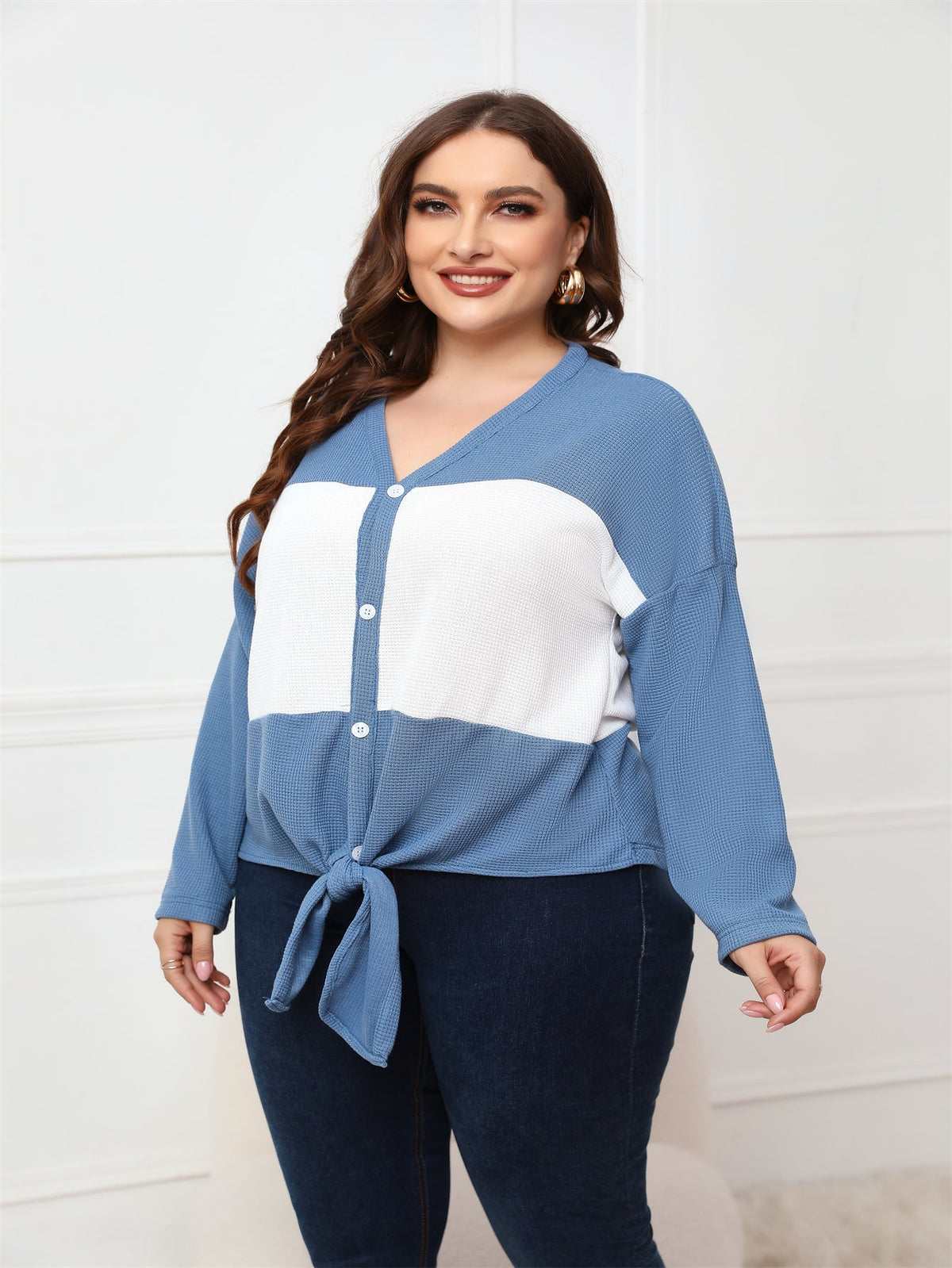 KittenAlarm - Plus Size Tops Long Sleeve V Neck Waffle Knit Tunic Blouse Tie Front Button Up T Shirts