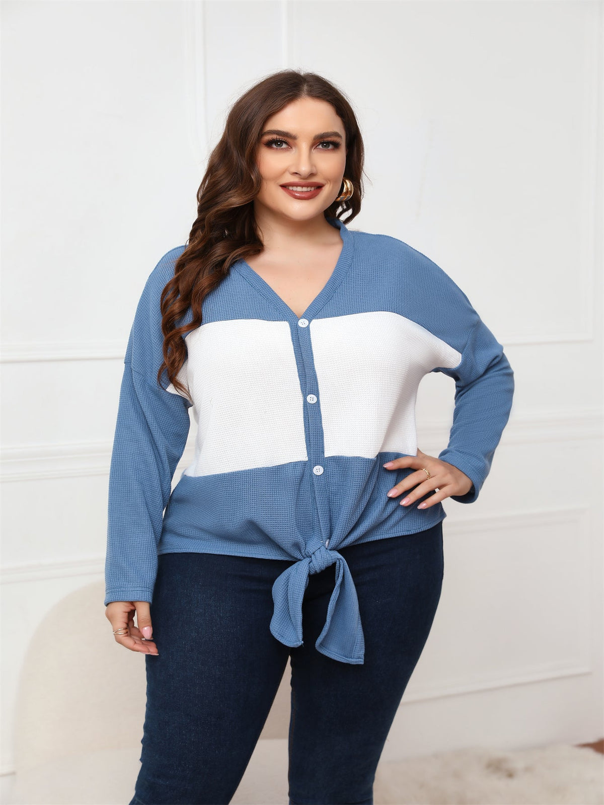 KittenAlarm - Plus Size Tops Long Sleeve V Neck Waffle Knit Tunic Blouse Tie Front Button Up T Shirts
