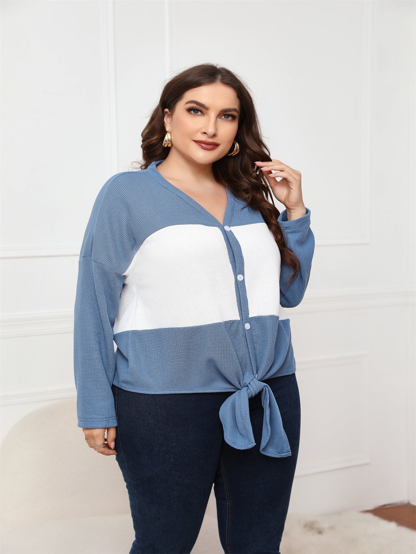 Plus Size Tops Long Sleeve V Neck Waffle Knit Tunic Blouse Tie Front Button Up T Shirts - Fashionpara