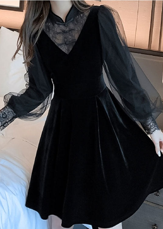 Velvet Lace Mandarin Collar Deep V-Neck Mesh A-Line Mini Dress