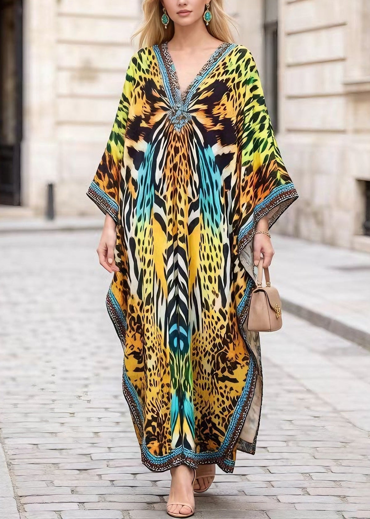 Leopard Print Deep V-Neck Kimono Sleeve Kaftan Maxi Gown