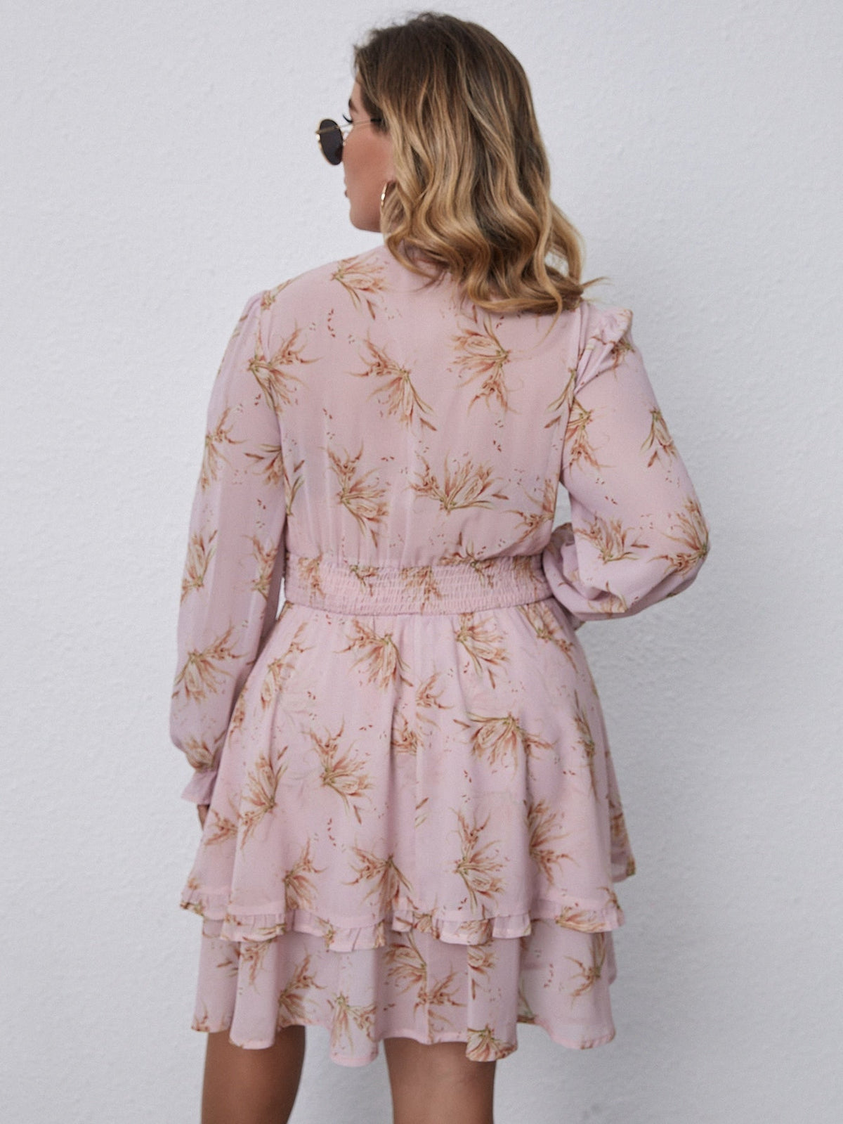 Floral Print Plunge Neck Long Sleeve Tie-Front Mini Dress
