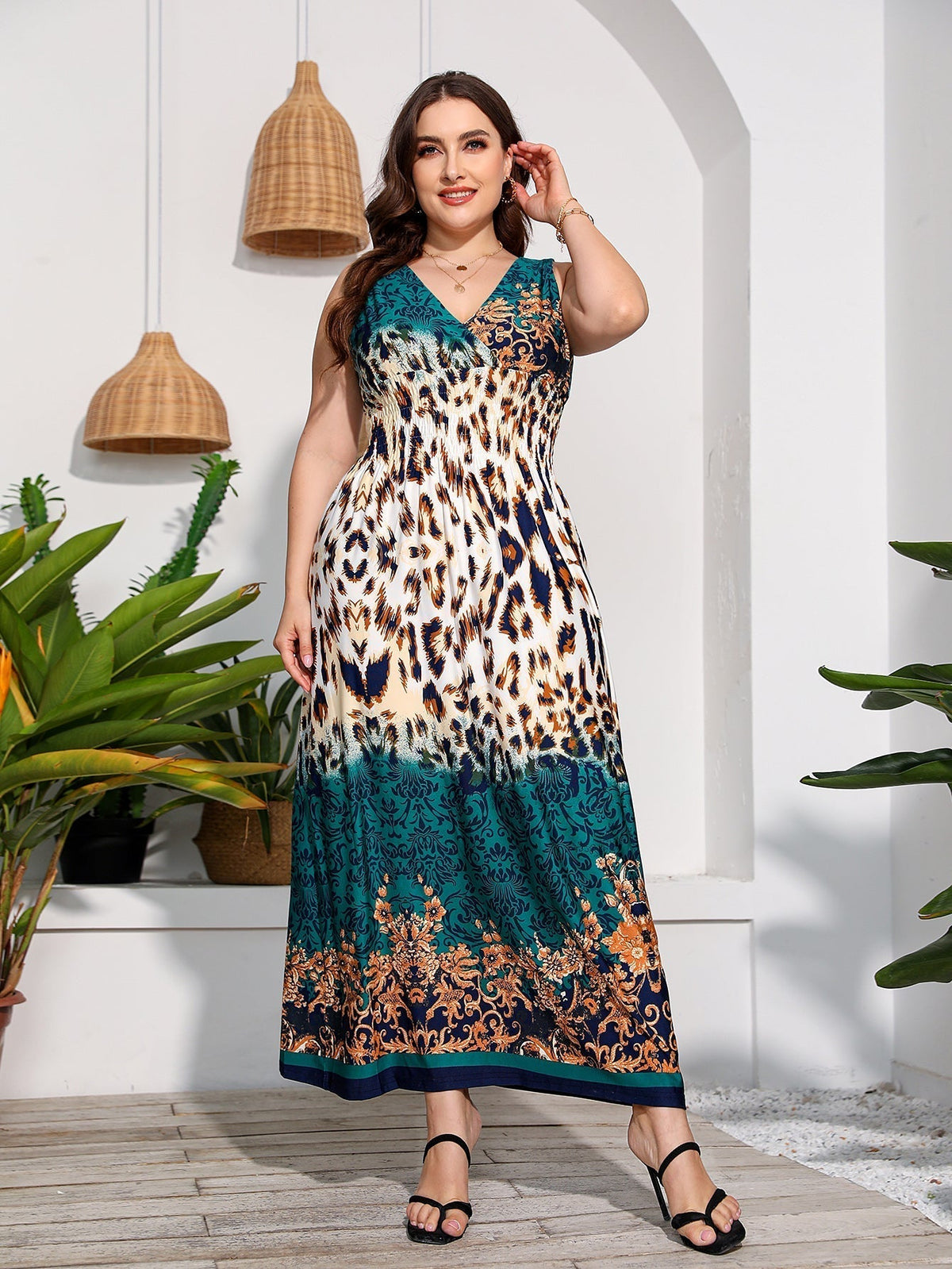 Animal Print V-Neck Sleeveless Smocked Maxi Dress