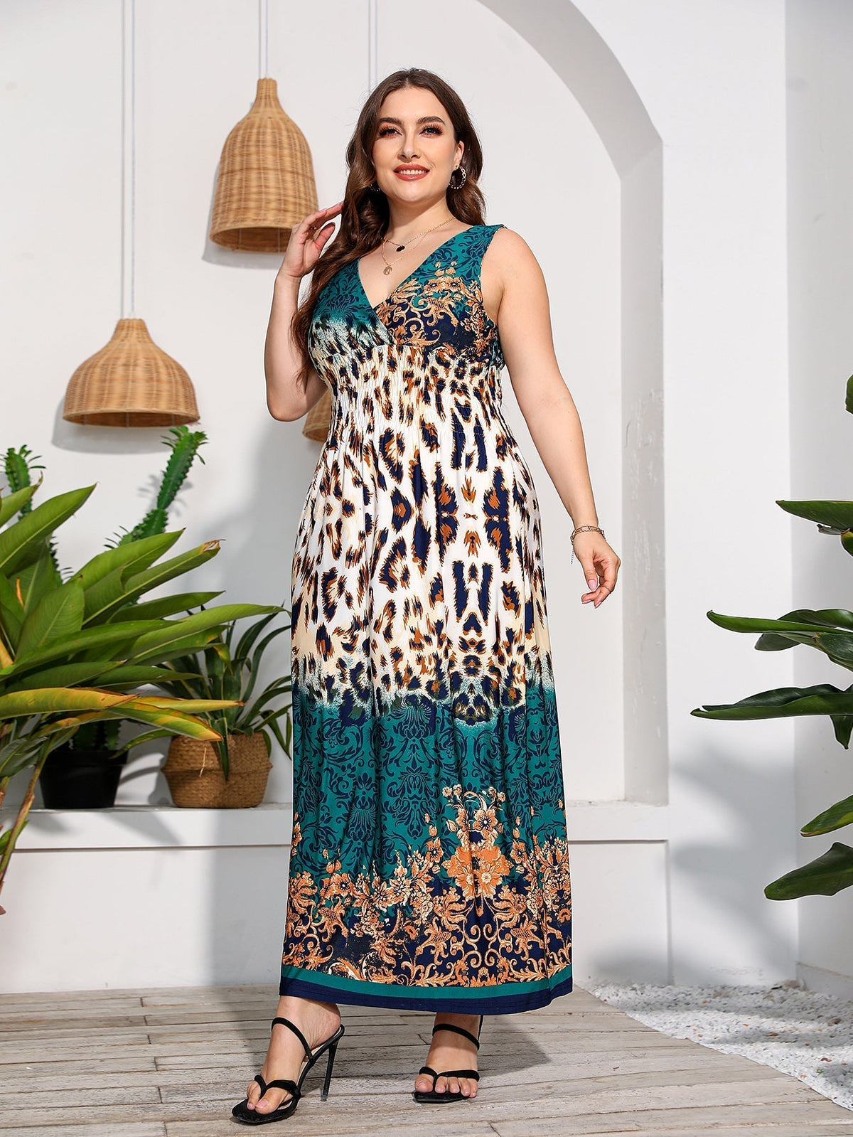 Animal Print V-Neck Sleeveless Smocked Maxi Dress