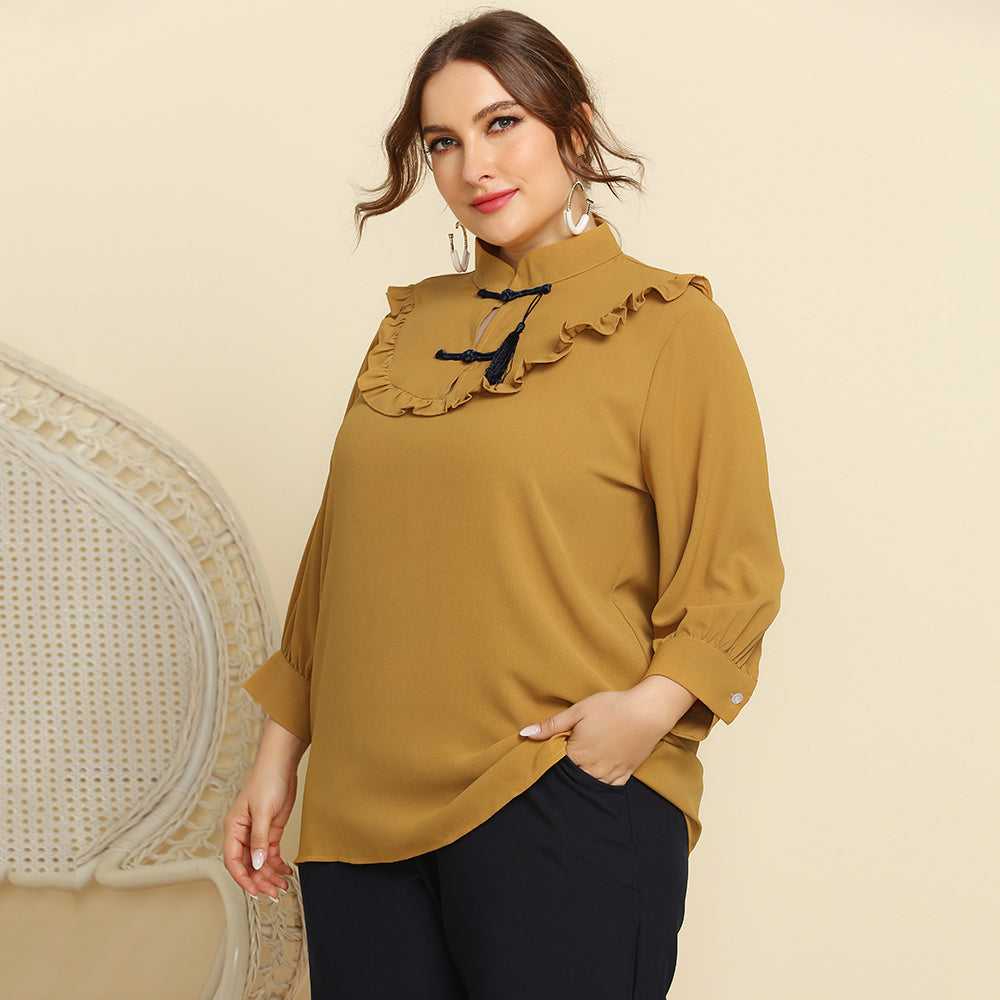 Plus Size Women Retro Style Stand Collar Ruffle Trim Solid Color Casual Shirt Top Blouse - Fashionpara