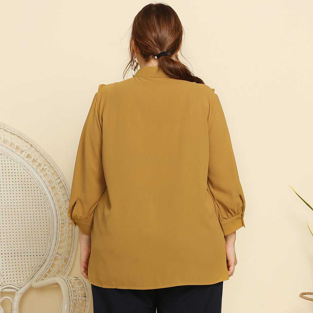 Plus Size Women Retro Style Stand Collar Ruffle Trim Solid Color Casual Shirt Top Blouse - Fashionpara
