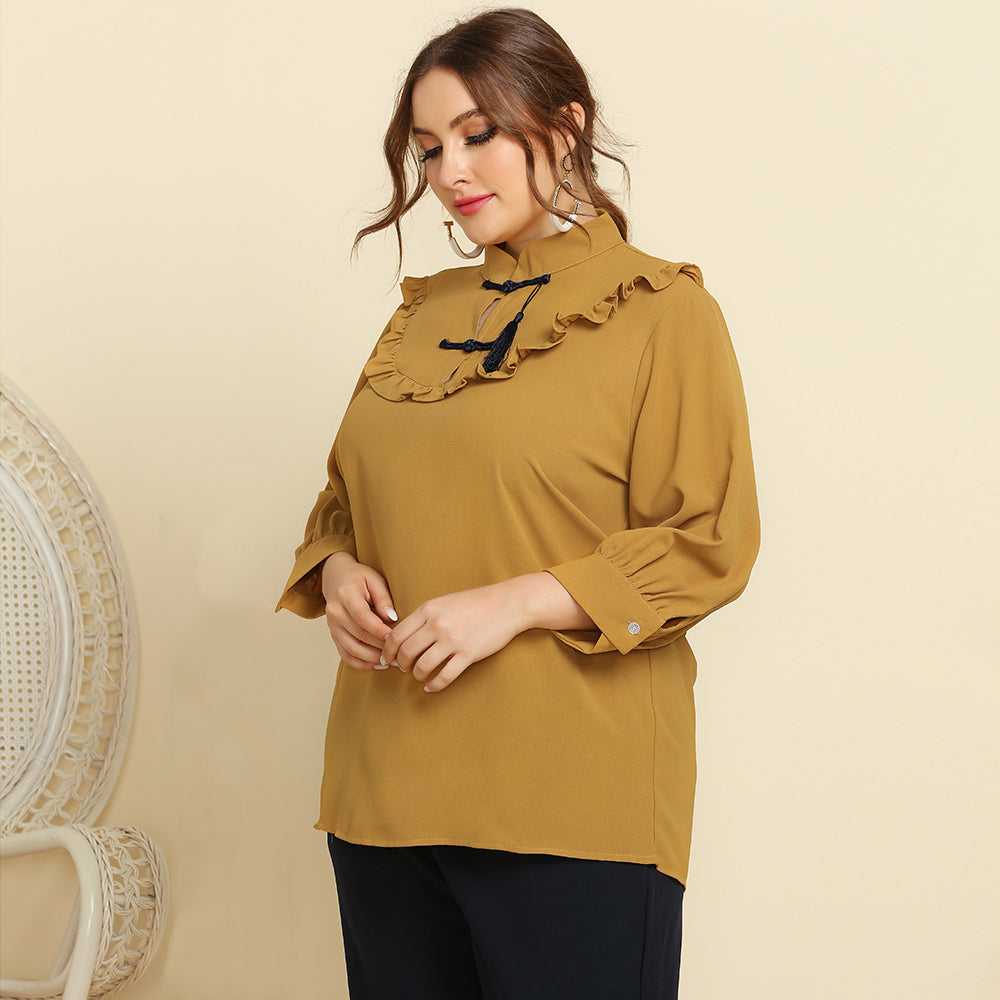 Plus Size Women Retro Style Stand Collar Ruffle Trim Solid Color Casual Shirt Top Blouse - Fashionpara