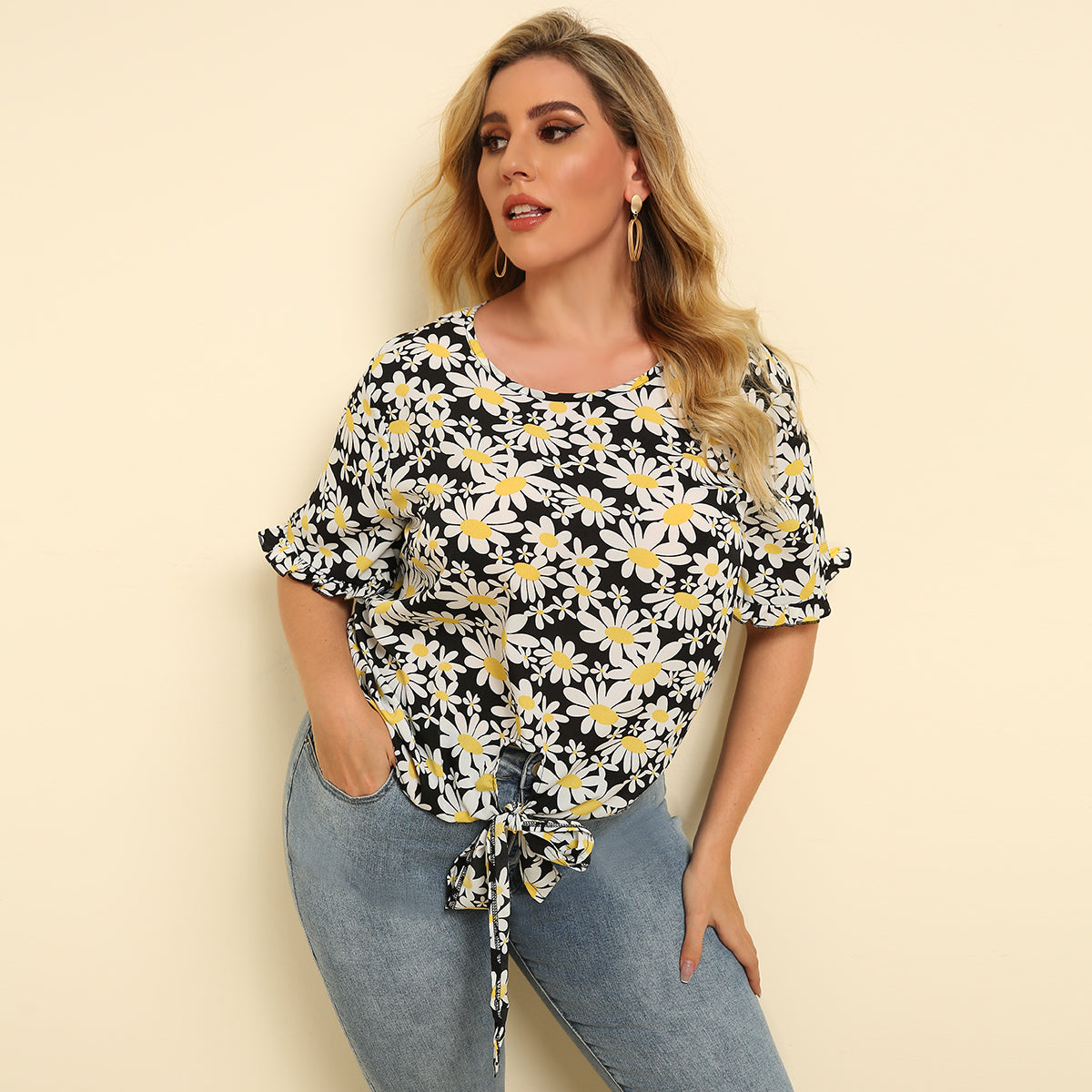 Plus Size Women Round Neck Loose Tie T-shirt Daisy Print Top Blouse - Fashionpara