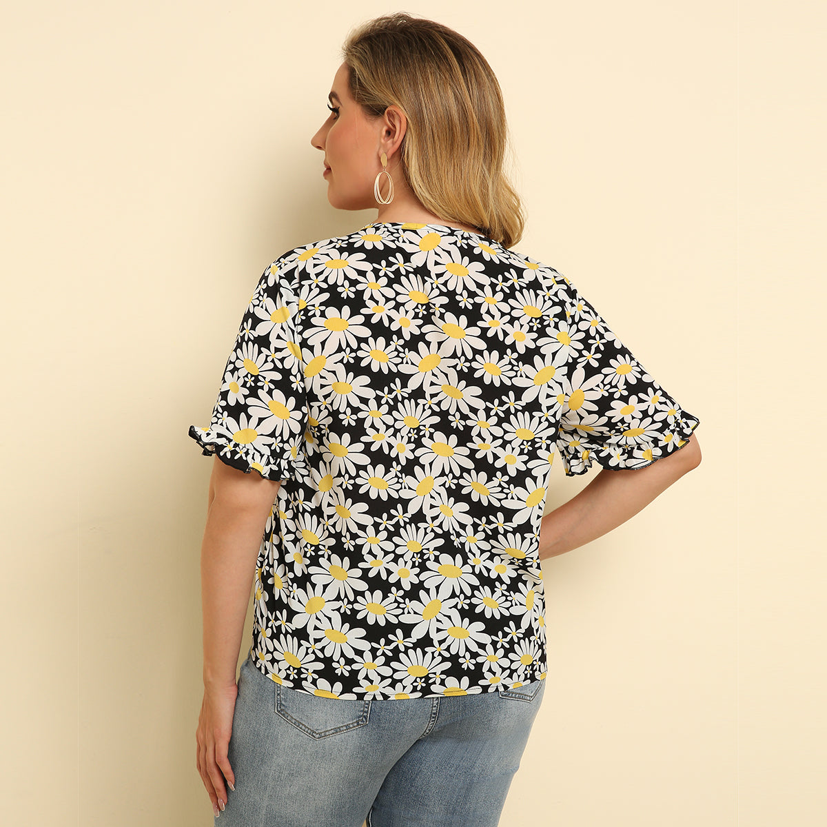 Plus Size Women Round Neck Loose Tie T-shirt Daisy Print Top Blouse - Fashionpara