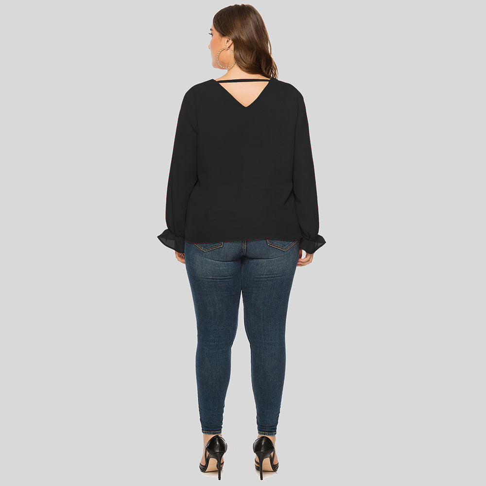 Plus Size Women Solid V-neck Puffy Sleeve Loose Long Sleeve Chiffon Blouse Shirt - Fashionpara