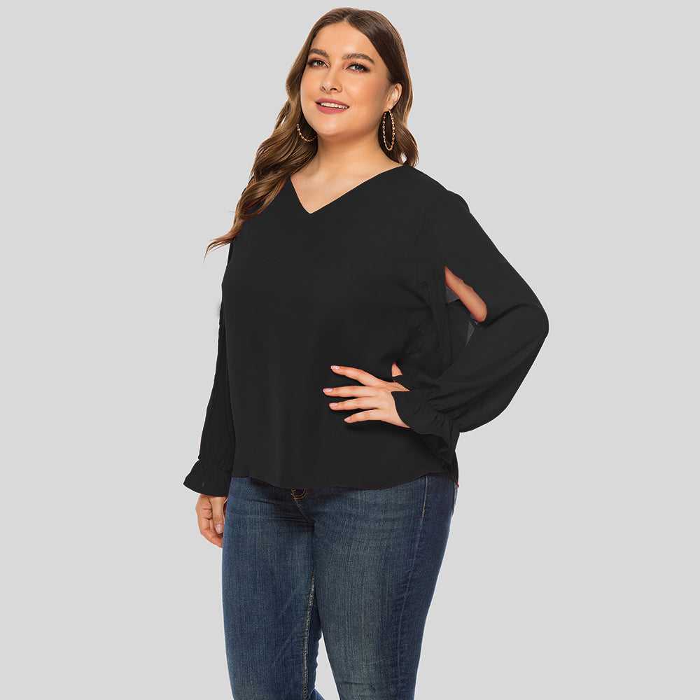 Plus Size Women Solid V-neck Puffy Sleeve Loose Long Sleeve Chiffon Blouse Shirt - Fashionpara