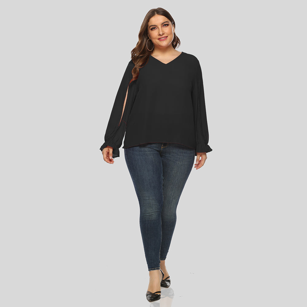 Plus Size Women Solid V-neck Puffy Sleeve Loose Long Sleeve Chiffon Blouse Shirt - Fashionpara