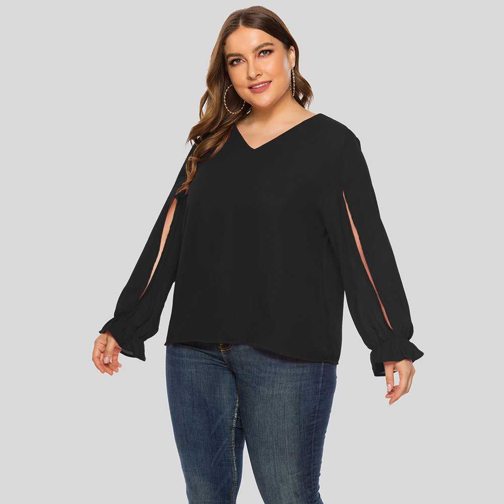 Plus Size Women Solid V-neck Puffy Sleeve Loose Long Sleeve Chiffon Blouse Shirt - Fashionpara
