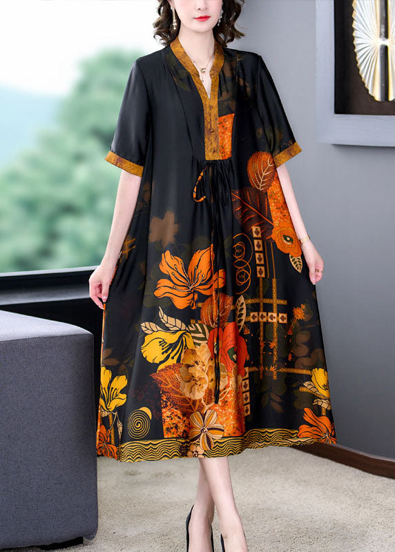 Satin Botanical Print Mandarin Collar V-Neck Midi Dress - View 2