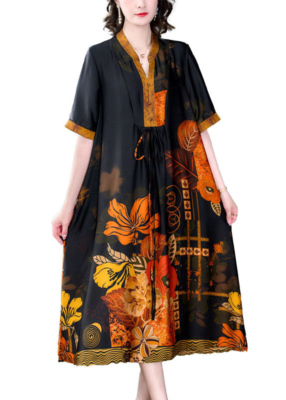 Satin Botanical Print Mandarin Collar V-Neck Midi Dress - View 5