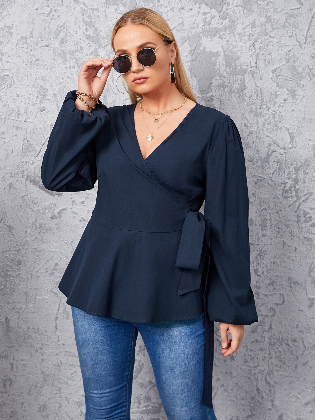 Plus Wrap Tie Side Blouse - Fashionpara