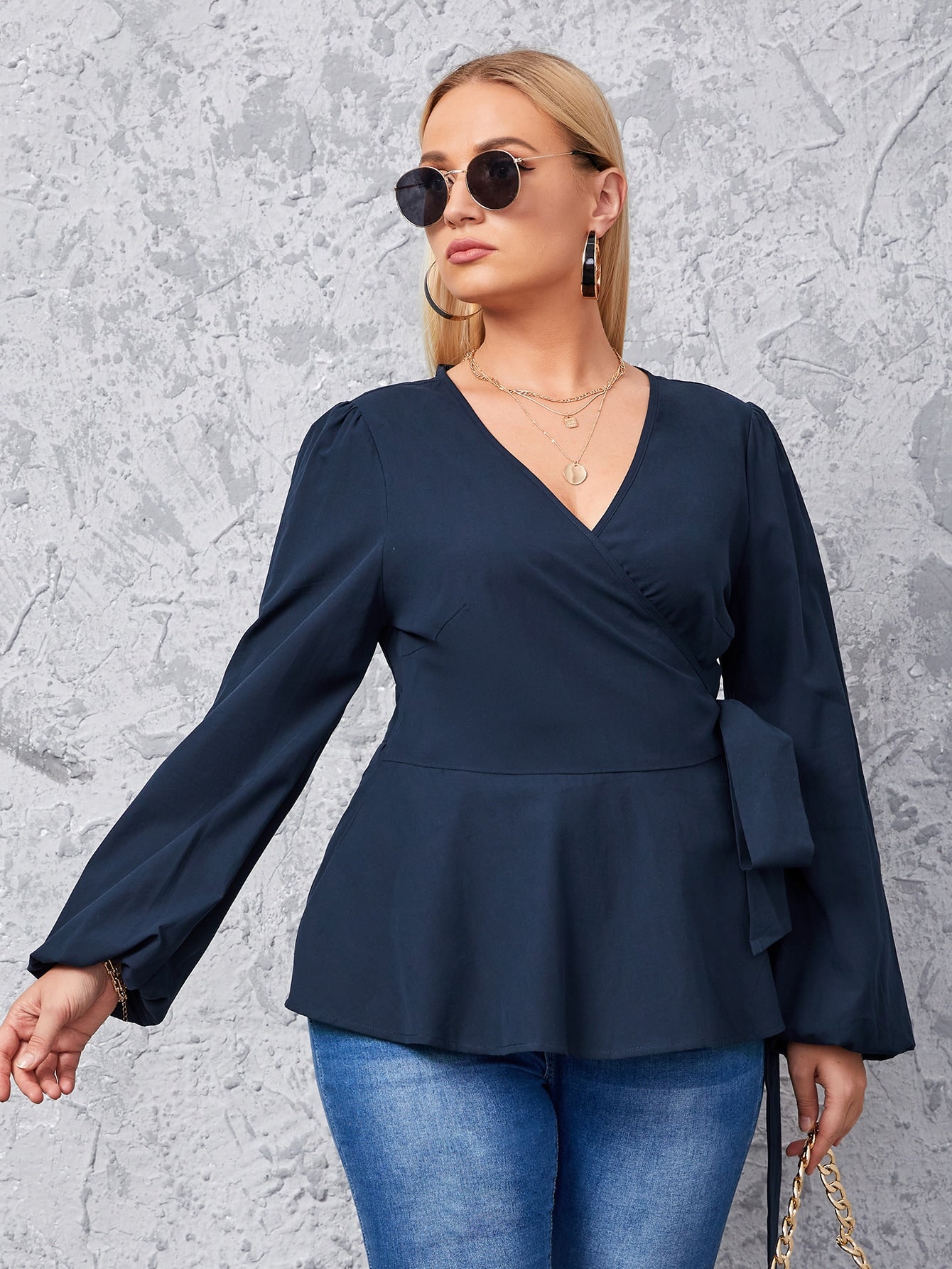 Plus Wrap Tie Side Blouse - Fashionpara