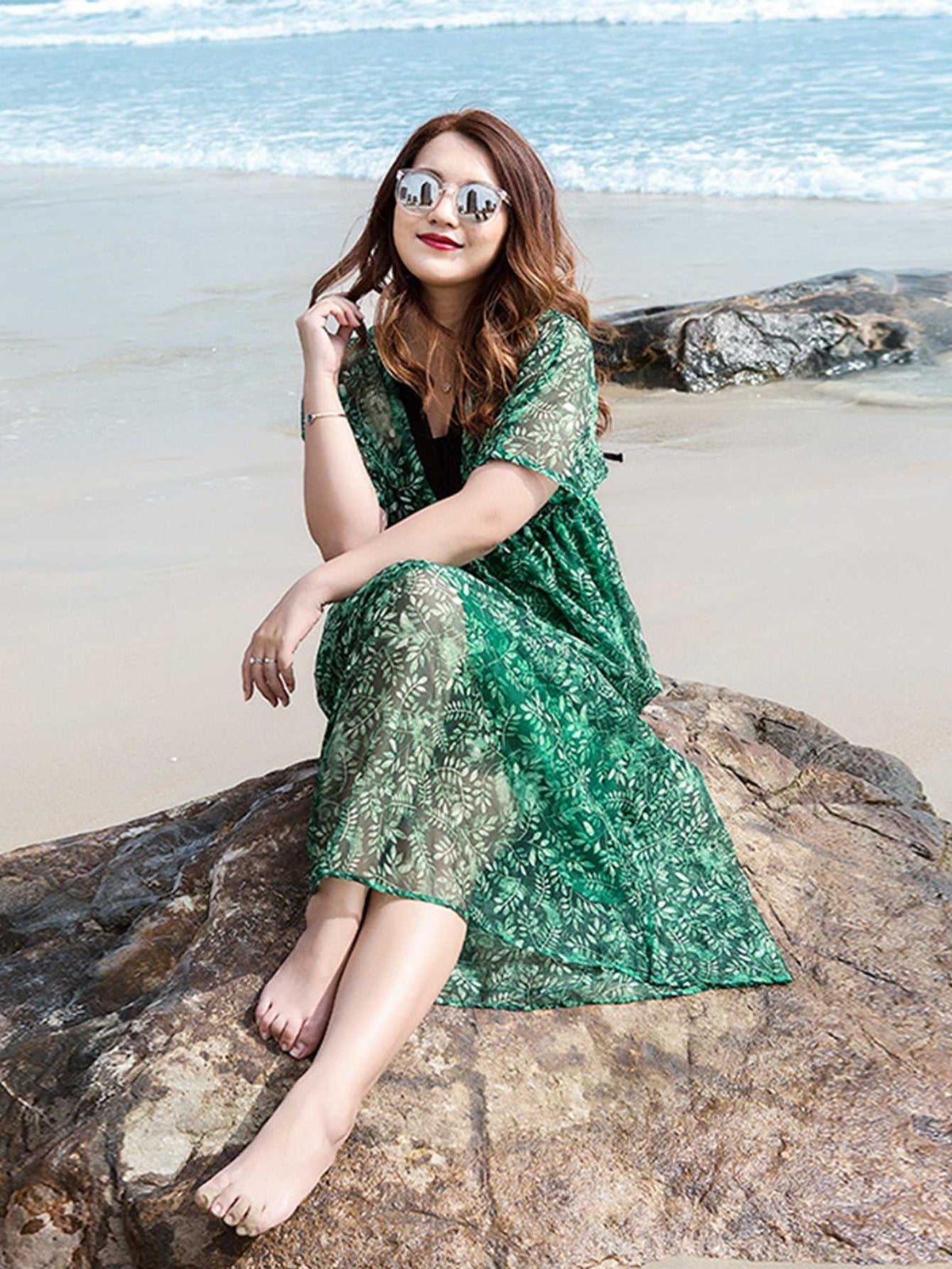 Tropical Print Short Sleeve Chiffon Beach Cover-Up