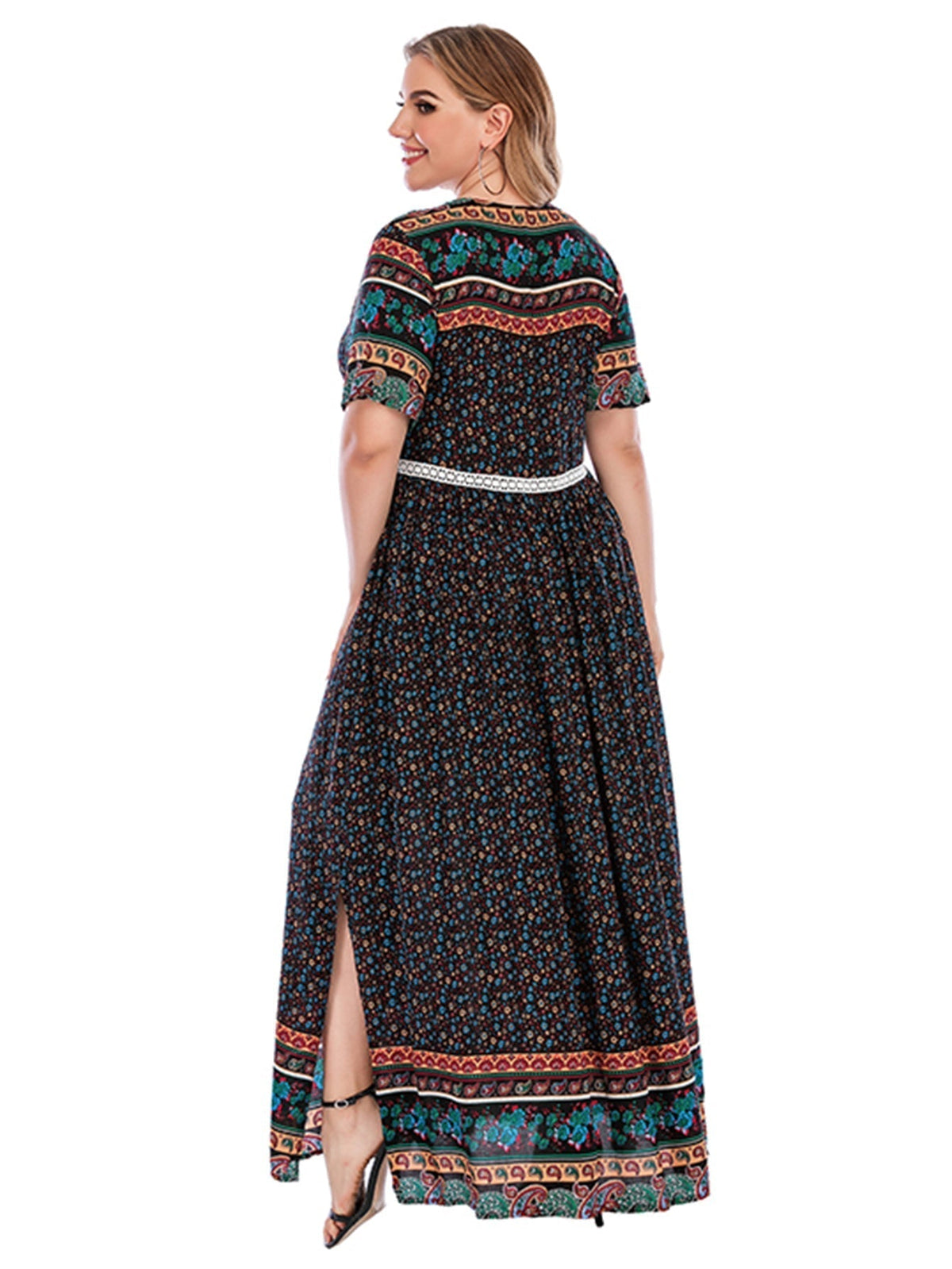 Floral Print V-Neck Short Sleeve Tiered Maxi Dress