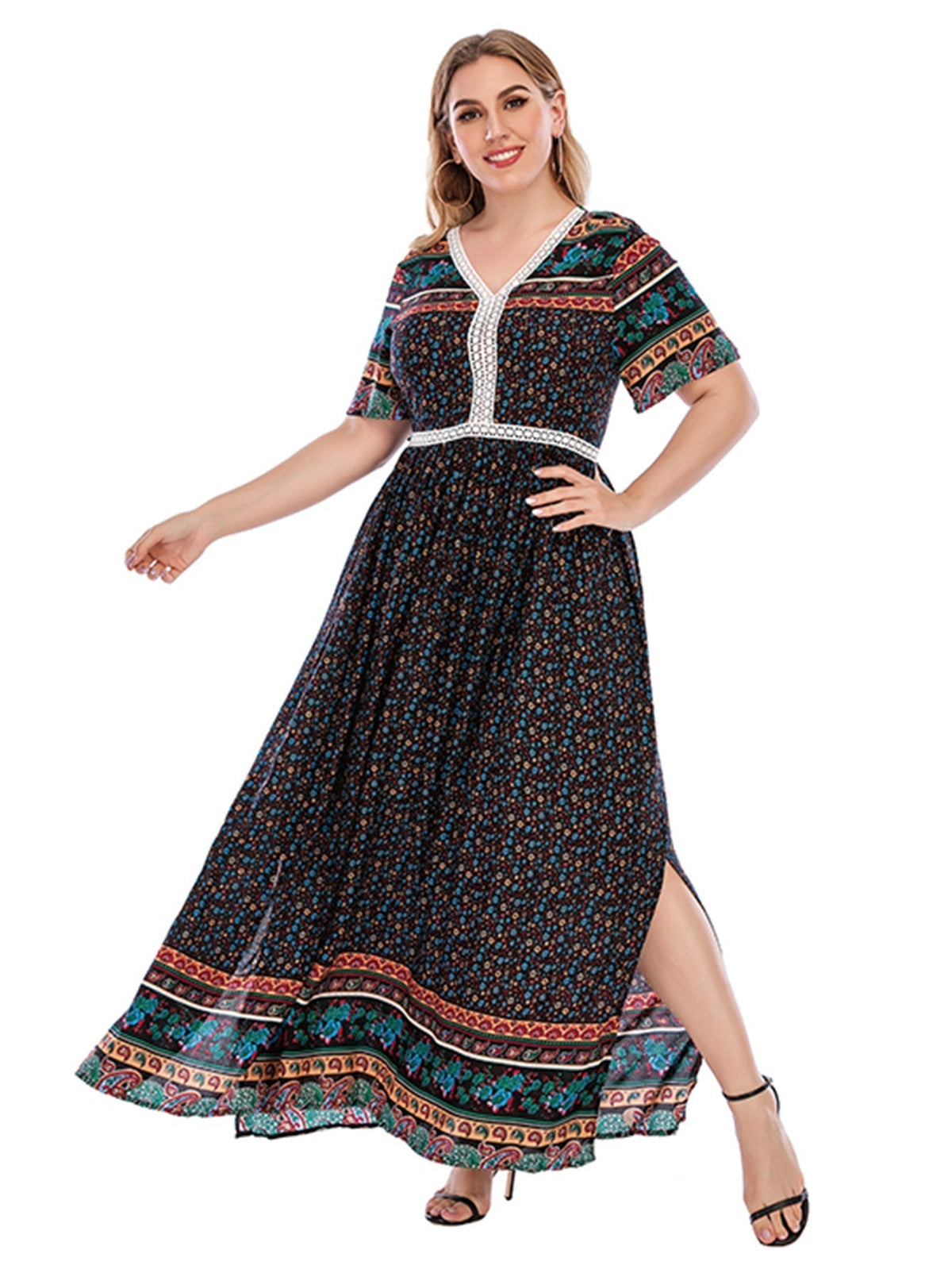 Floral Print V-Neck Short Sleeve Tiered Maxi Dress