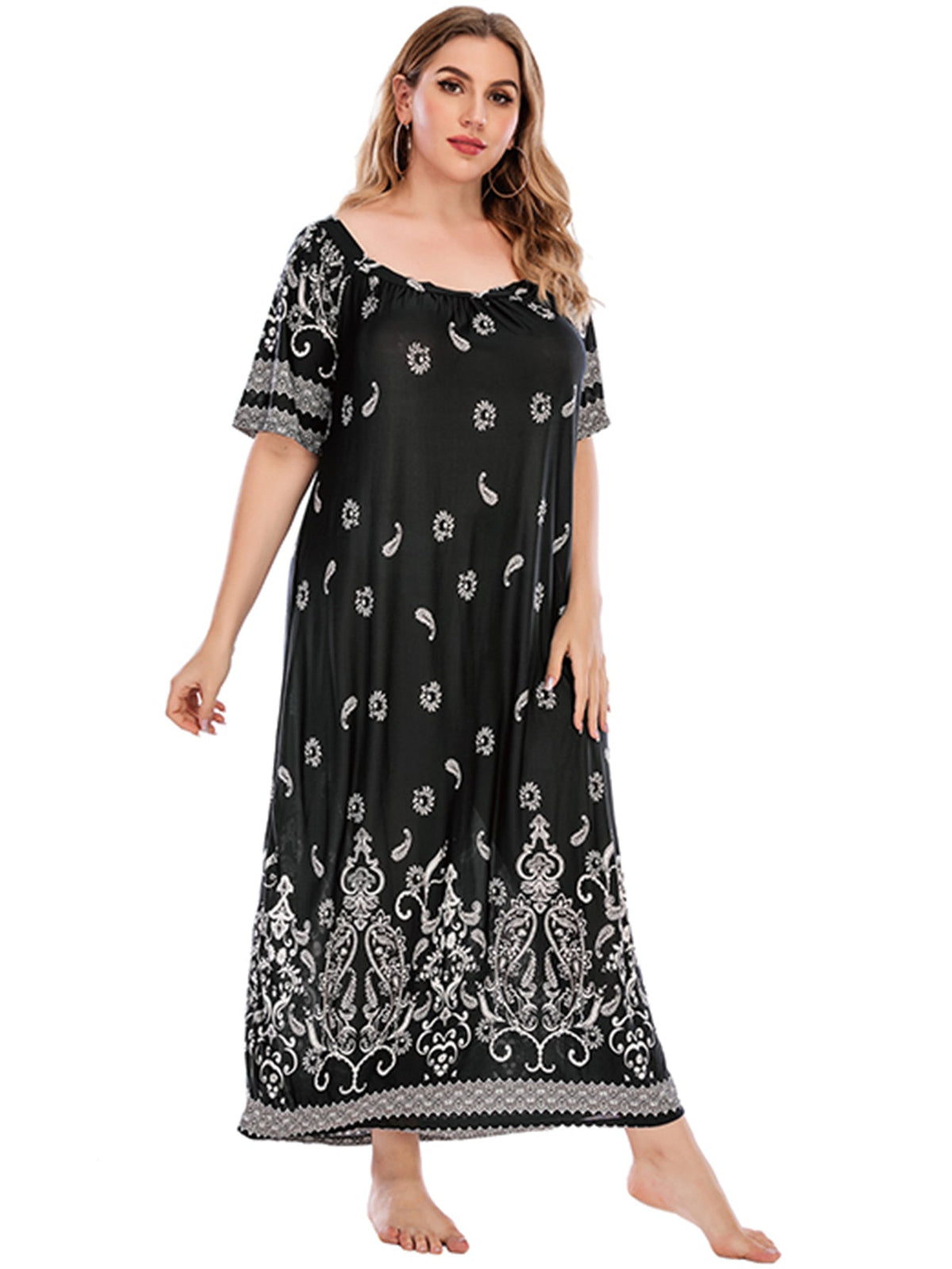 Paisley Print Square Neck Short Sleeve Shift Maxi Dress