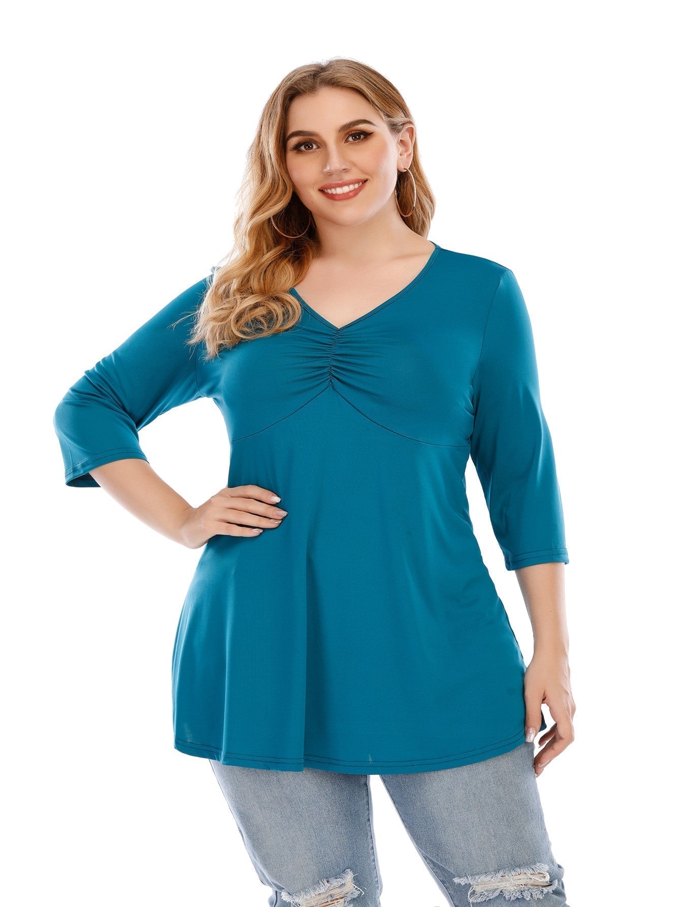 Plus size V neck 3/4 Sleeve Black Blouse Top for Women - Fashionpara