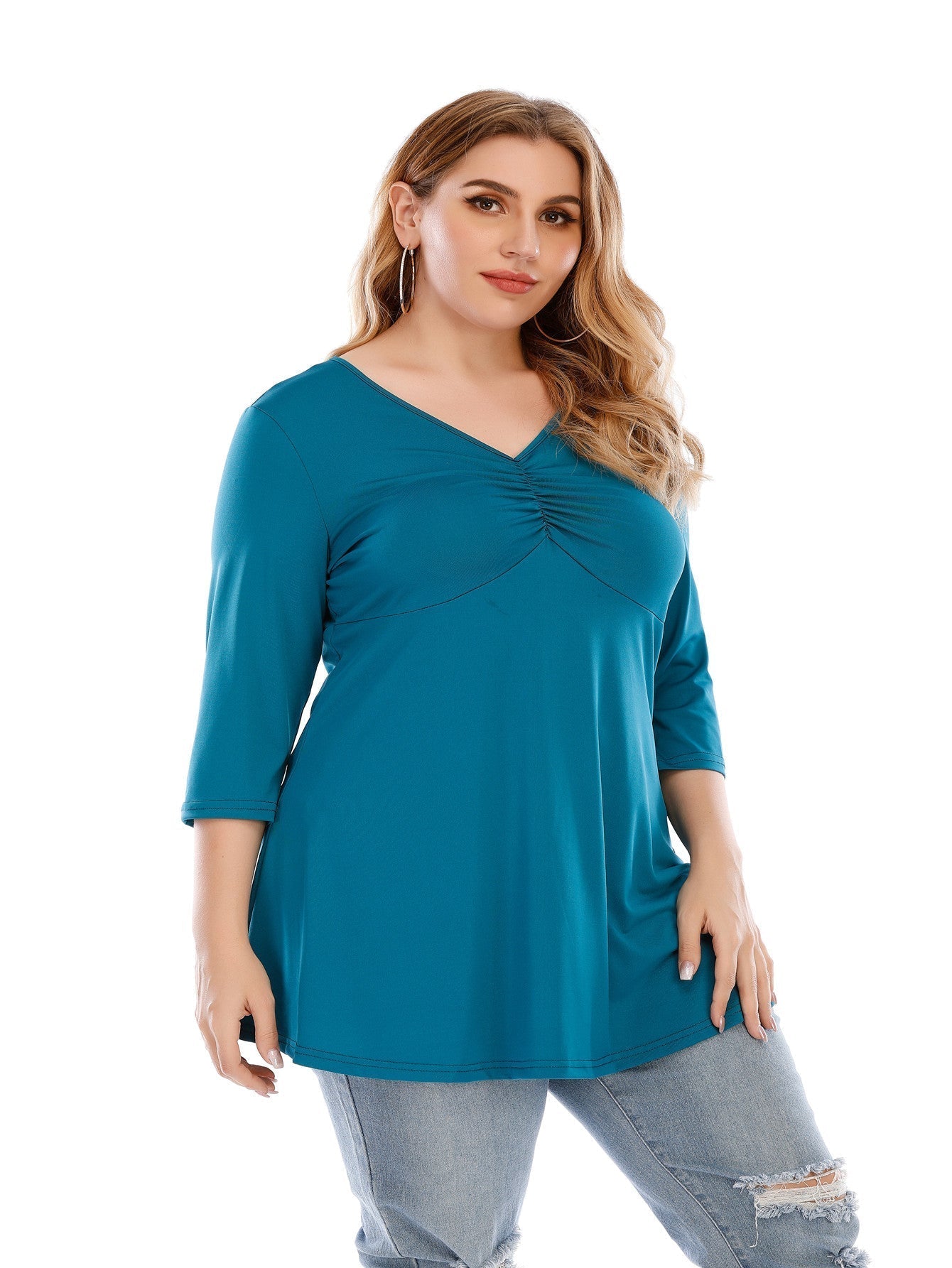 Plus size V neck 3/4 Sleeve Black Blouse Top for Women - Fashionpara