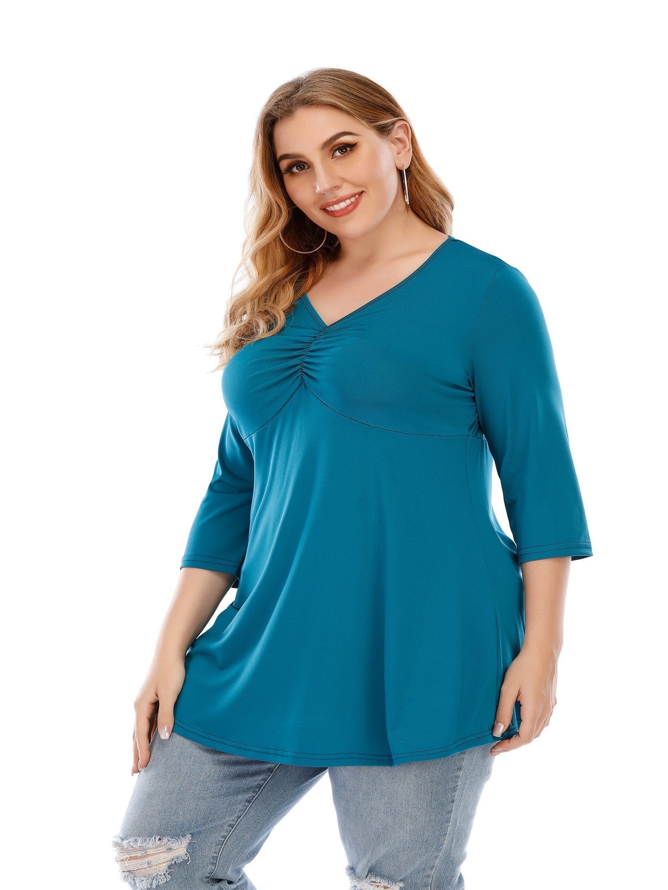 Plus size V neck 3/4 Sleeve Black Blouse Top for Women - Fashionpara