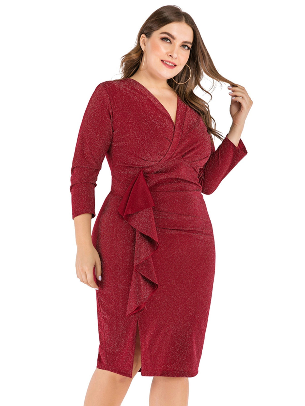 Glitter V-Neck Long Sleeve Ruffle Bodycon Midi Dress
