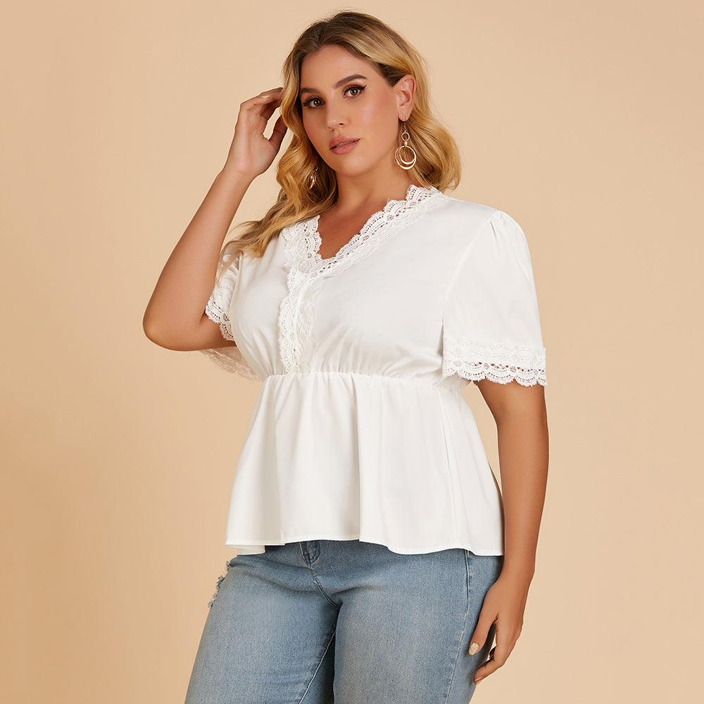 Plus size women's T-shirt lace stitching V-neck blouse with short sleeves - Fashionpara