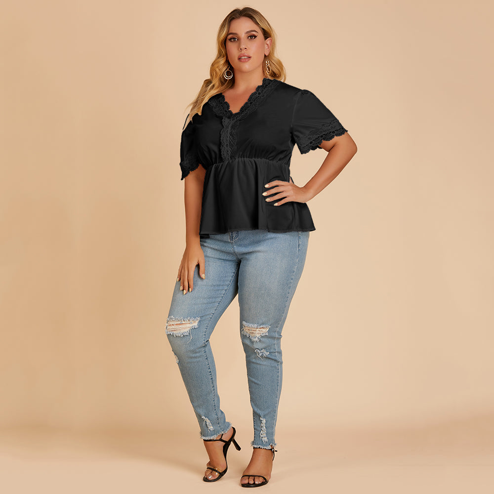 Plus size women's T-shirt lace stitching V-neck blouse with short sleeves - Fashionpara