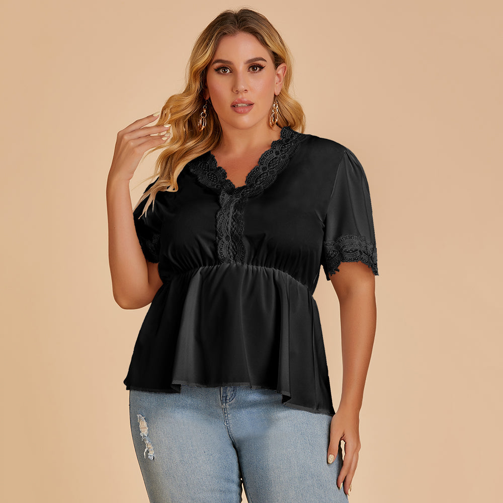 Plus size women's T-shirt lace stitching V-neck blouse with short sleeves - Fashionpara
