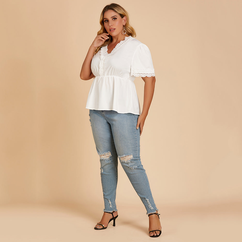 Plus size women's T-shirt lace stitching V-neck blouse with short sleeves - Fashionpara