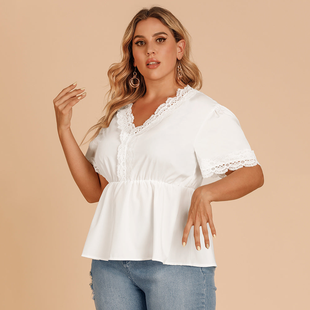 Plus size women's T-shirt lace stitching V-neck blouse with short sleeves - Fashionpara