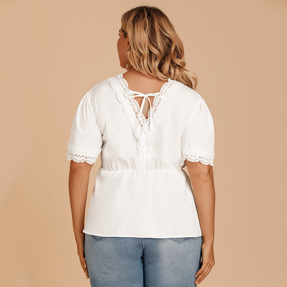 Plus size women's T-shirt lace stitching V-neck blouse with short sleeves - Fashionpara