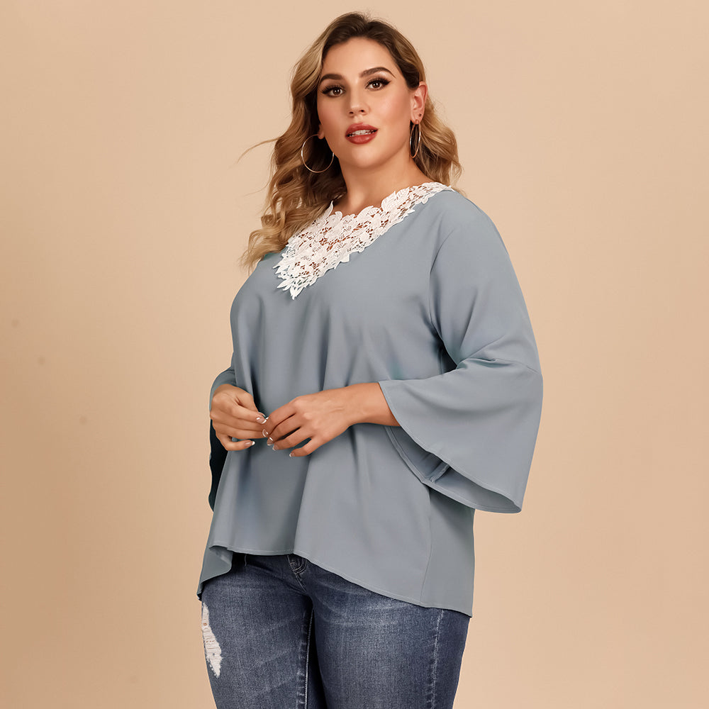 KittenAlarm - Plus size women's blouse with flared sleeves and lace crochet stitching V-neck in solid color shirt