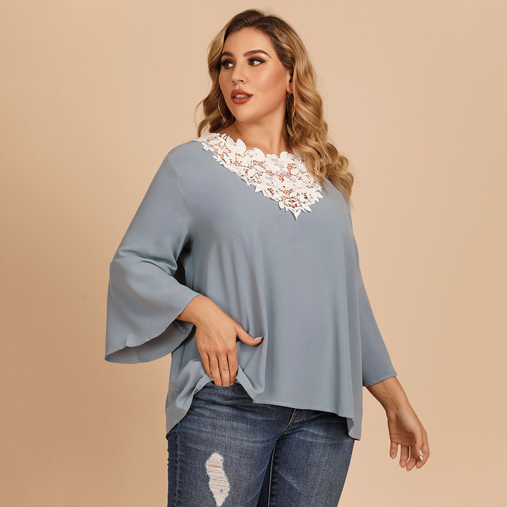 Plus size women's blouse with flared sleeves and lace crochet stitching V-neck in solid color shirt - Fashionpara