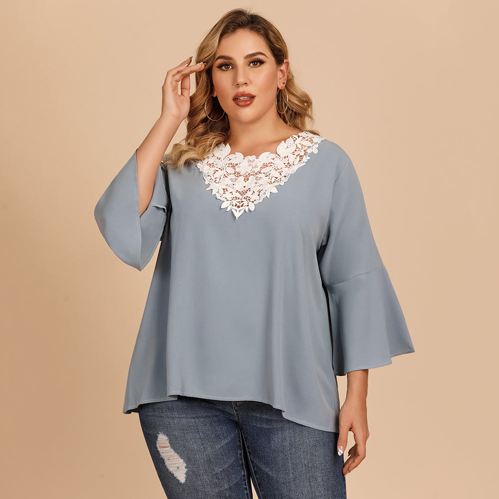 Plus size women's blouse with flared sleeves and lace crochet stitching V-neck in solid color shirt - Fashionpara