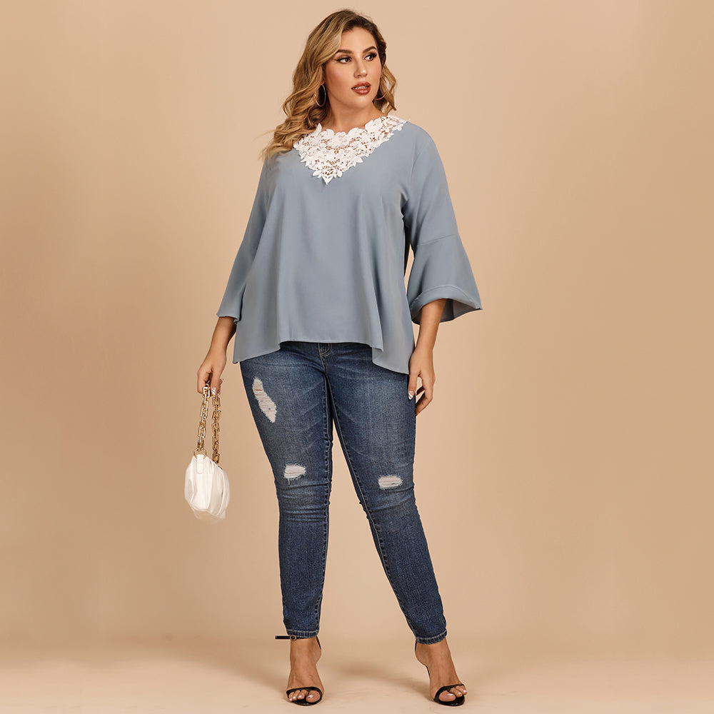Plus size women's blouse with flared sleeves and lace crochet stitching V-neck in solid color shirt - Fashionpara