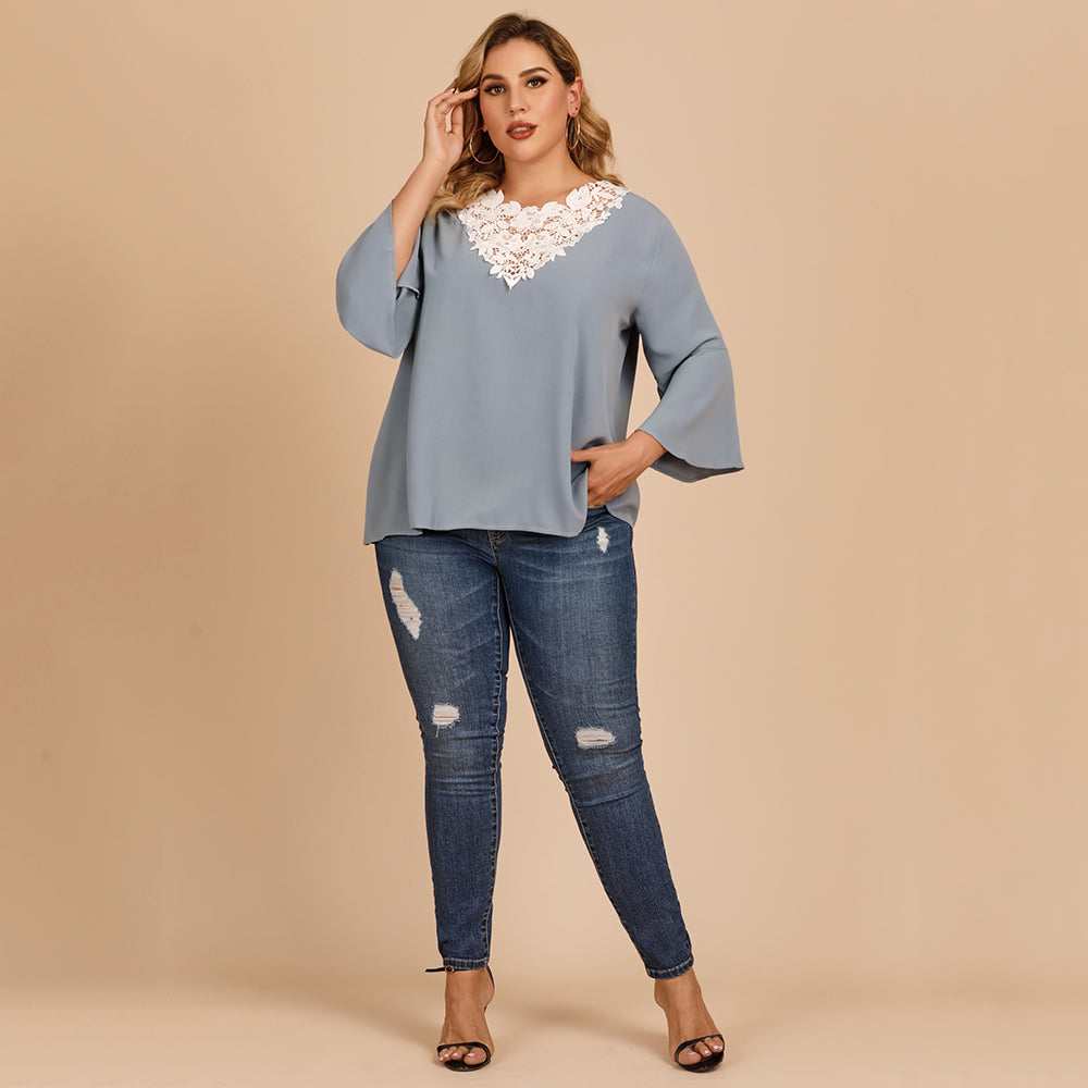 KittenAlarm - Plus size women's blouse with flared sleeves and lace crochet stitching V-neck in solid color shirt