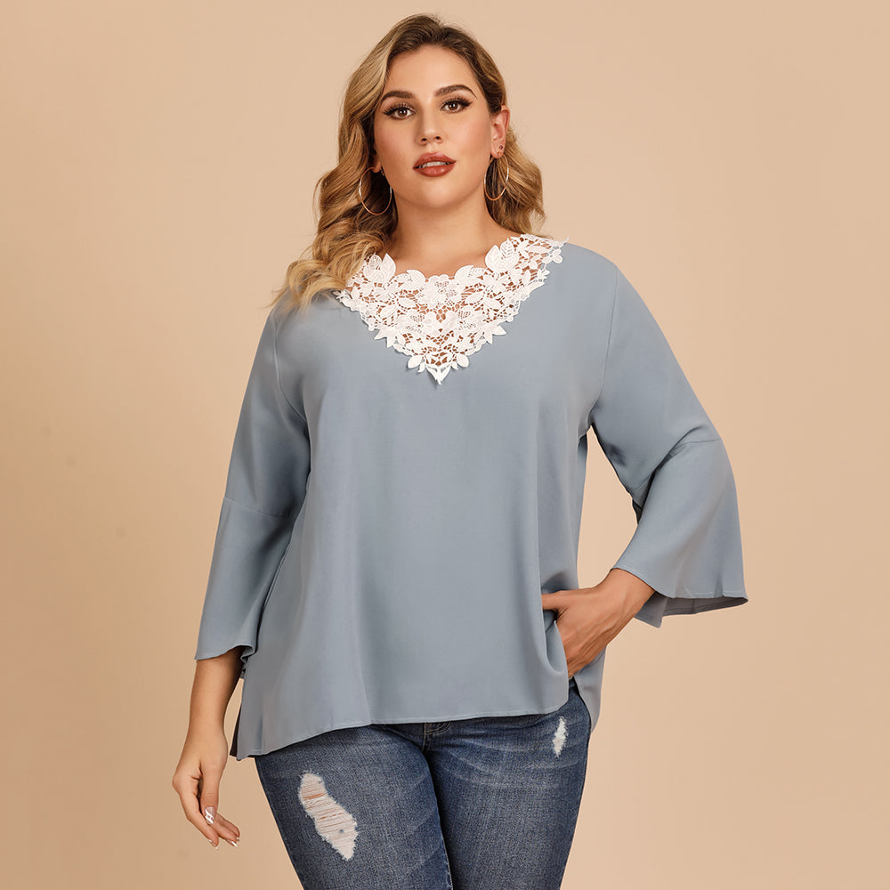 Plus size women's blouse with flared sleeves and lace crochet stitching V-neck in solid color shirt - Fashionpara