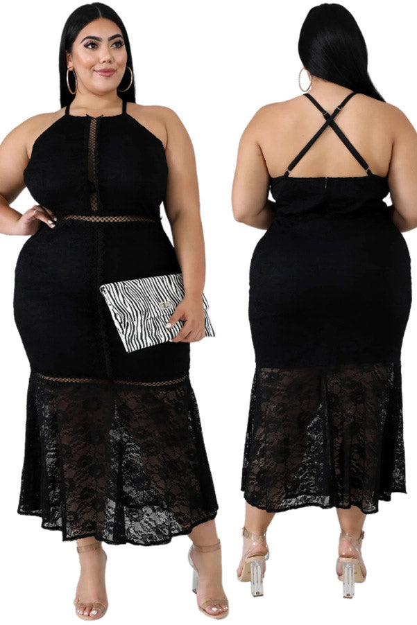 Halter-Neck Sleeveless Lace Mermaid Maxi Dress