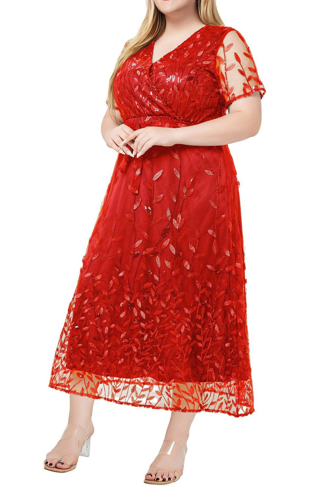 Plus Size Dark Navy Lace V-Neck Midi Dress