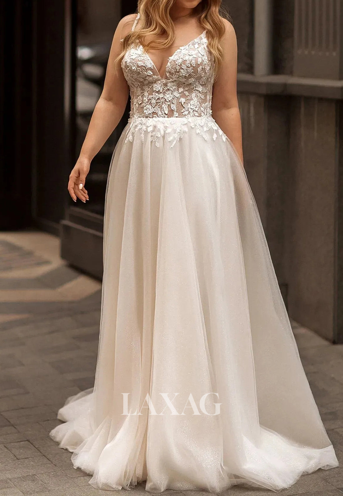 Deep V-Neck Spaghetti Straps Sleeveless Applique Glitter-Knit Pleated A-Line Wedding Dress